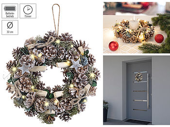 infactory Türkranz Advent: Advents- und Weihnachtskranz mit LED-Beleuchtung, grün/braun, Ø 30 cm (Weihnachtskranz Tür)