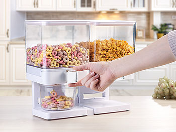 Rosenstein & Söhne Müsli Aufbewahrung: Doppel-Spender für Cerealien & Snacks, 33,5 x 30,5 x 16,5 cm, weiß (Cornflakes Aufbewahrung)