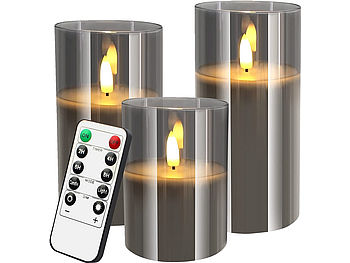 Britesta LED-Kerzen-Set: 3er-Set LED-Echtwachskerzen in grauen Acrylgläsern, 3 Größen (Echtwachs LED-Kerzen mit Timer)