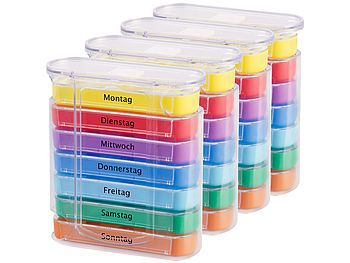 newgen medicals Tablettenbox: 4er-Set bunte Medikamenten-Boxen für 7 Tage, je 4 Fächer, beschriftet (Medikamenten Organizer)