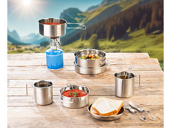 Semptec Edelstahl Geschirr: 24-teiliges Edelstahl-Camping-Kochgeschirr-Set mit Besteck und Tasche (Campinggeschirr Edelstahl)