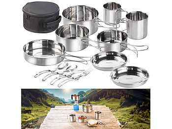 Semptec Camping Geschirr: 12-teiliges Edelstahl-Campinggeschirr-Komplettset mit Besteck & Tasche (Campingtöpfe)