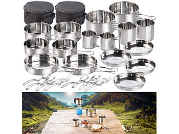 Semptec Edelstahl Geschirr: 24-teiliges Edelstahl-Camping-Kochgeschirr-Set mit Besteck und Tasche (Campinggeschirr Edelstahl)