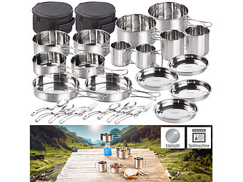 Semptec Edelstahl Geschirr: 24-teiliges Edelstahl-Camping-Kochgeschirr-Set mit Besteck und Tasche (Campinggeschirr Edelstahl)