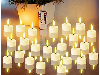 Lunartec LED Teelichter mit Timer: 24er-Set Akku-LED-Teelichter mit realistischer Flamme & Fernbedienung (LED Kerze Set)