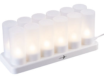Lunartec Teelichter aufladbar: 12er-Set Akku-LED-Teelichter mit Kunststoff-Dekogläsern & Ladestation (Teelichter wiederaufladbar)