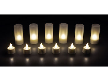 Lunartec Flacker LED-Teelichter: 48er-Set Akku-LED-Teelichter mit Kunststoff-Dekogläsern & Ladestation (Elektrische Teelichter aufladbar)