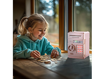 infactory Kinder Safe: Elektrische Spardose für Kinder, in Tresor-Form, Zahlencode, rosa (Spardose mit Code)
