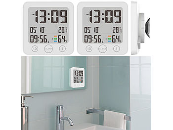 infactory Badezimmeruhr zum Hängen: 2er-Set Badezimmer-Uhr, Thermo-/Hygrometer, LCD, Saugnapf, Timer, IP54 (Badezimmeruhr zum Hinstellen )