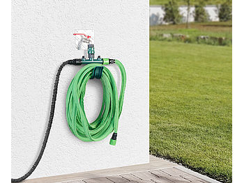 Royal Gardineer Gartenschlauch Halterung: Regulierbarer 2-fach-Wasserverteiler mit praktischer Schlauchhalterung (Wasserschlauch Wandhalterung)