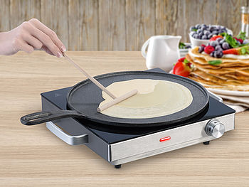 Rosenstein & Söhne Crepe Pfanne Induktion: Gusseiserne Crêpe-Pfanne für Grill und Herd mit Teigverteiler, 2er-Set (Crepe Pfanne Gusseisen)