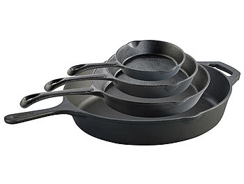 TS Bratpfannen Induktion: 4er-Set Gusseisen-Pfannen mit je 1x Ø 12,5 / 16,5 / 21 und 30 cm (Gusseiserne Bratpfannen)