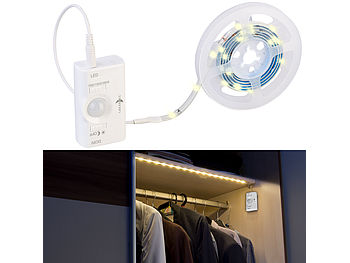 Lunartec LED Stripes mit Akku: Akku-LED-Streifen, 30 warmweiße LEDs, PIR-Sensor, 180 lm, 100 cm, IP65 (LED-Streifen Akku aufladbar)