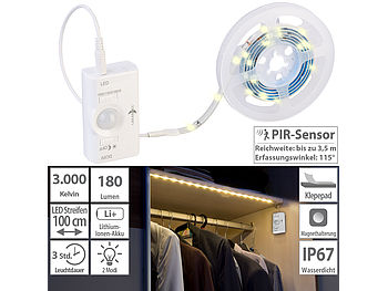 Lunartec LED Stripes mit Akku: Akku-LED-Streifen, 30 warmweiße LEDs, PIR-Sensor, 180 lm, 100 cm, IP65 (LED-Streifen Akku aufladbar)