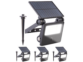 Luminea Erdspieß Solarleuchten: 4er-Set Solar-LED-Gartenstrahler, Bewegungssensor, 700 lm, 1.800 mAh (Gartenstrahler LED Erdspieß Set)