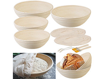 Rosenstein & Söhne Brot Backen Zubehöre: 4er-Set Gärkörbe, Ø 25 & 30 cm, Abdecktücher, Gabel, Reinigungspinsel (Brot Gärkorb Set)