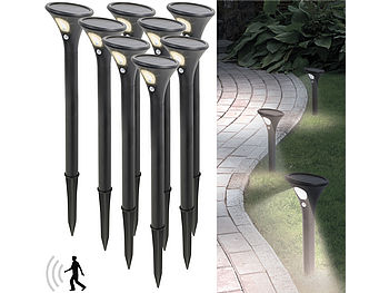 Lunartec Solar Wegbeleuchtung: 8er-Set Design-Solar-Wegeleuchten, Licht- & Bewegungssensor, warmweiß (Wegbeleuchtung mit Bewegungsmelder)