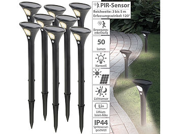 Lunartec Solar Wegbeleuchtung: 8er-Set Design-Solar-Wegeleuchten, Licht- & Bewegungssensor, warmweiß (Wegbeleuchtung mit Bewegungsmelder)