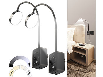 Lunartec Leuchten: 2er-Set dimmbare CCT-LED-Steckerleuchten mit Steckdose, schwarz (Schwanenhals-Steckdosenleuchte)