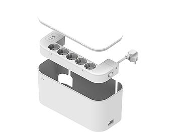 revolt Steckdosenbox: 5-fach Steckdosenleiste mit Kabelbox, 1x USB-A 20W QC 1x USB-C 20W PD (Kabelordner)