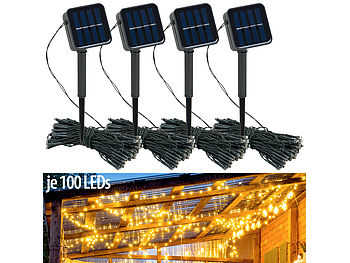 Lunartec Mini Solar Lichterkette: 4er-Set Solar-Lichterketten, 100 warmweiße LEDs, 8 Modi, 12 m, Sensor (Solar-Lichterkette für draußen)